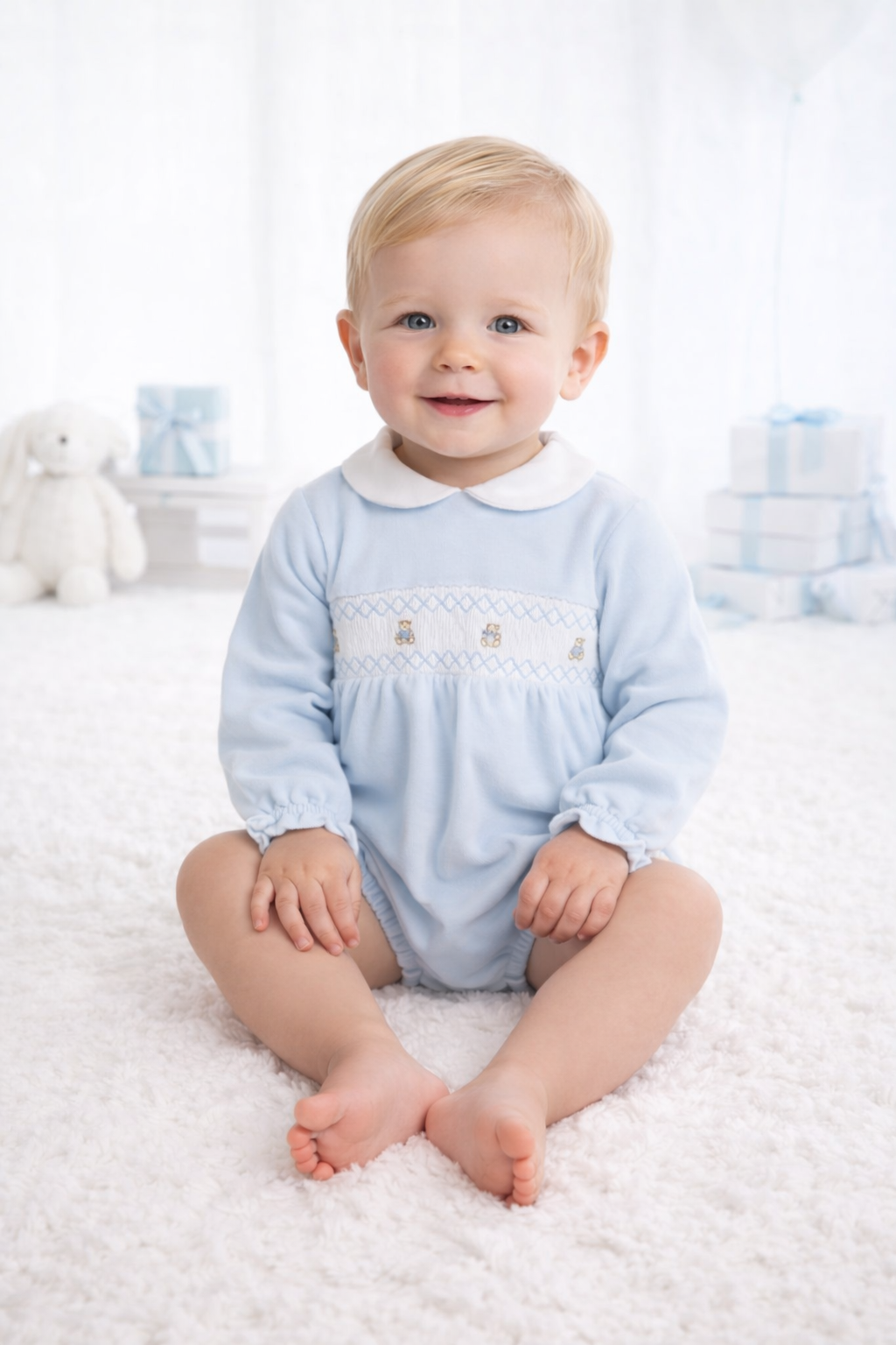 Smocked teddy romper blue - pex