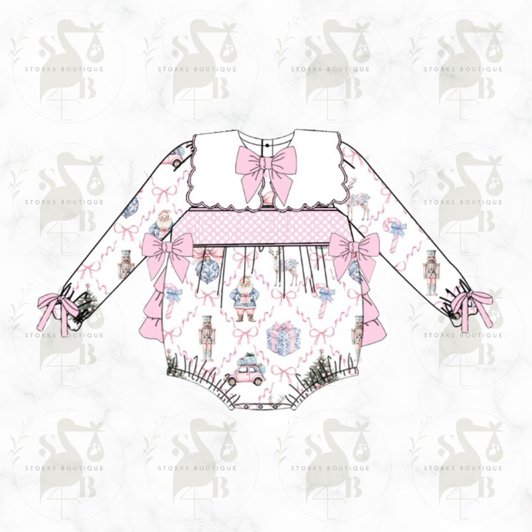 Cute Ruffle bum smocked romper - Pink ribbons of Christmas