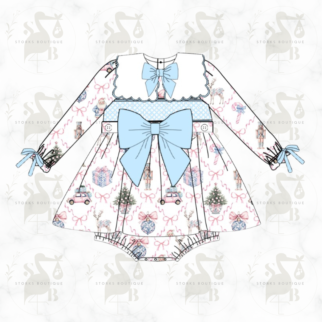 Frosty Smocked Skirted Romper - Ribbons of pink Christmas