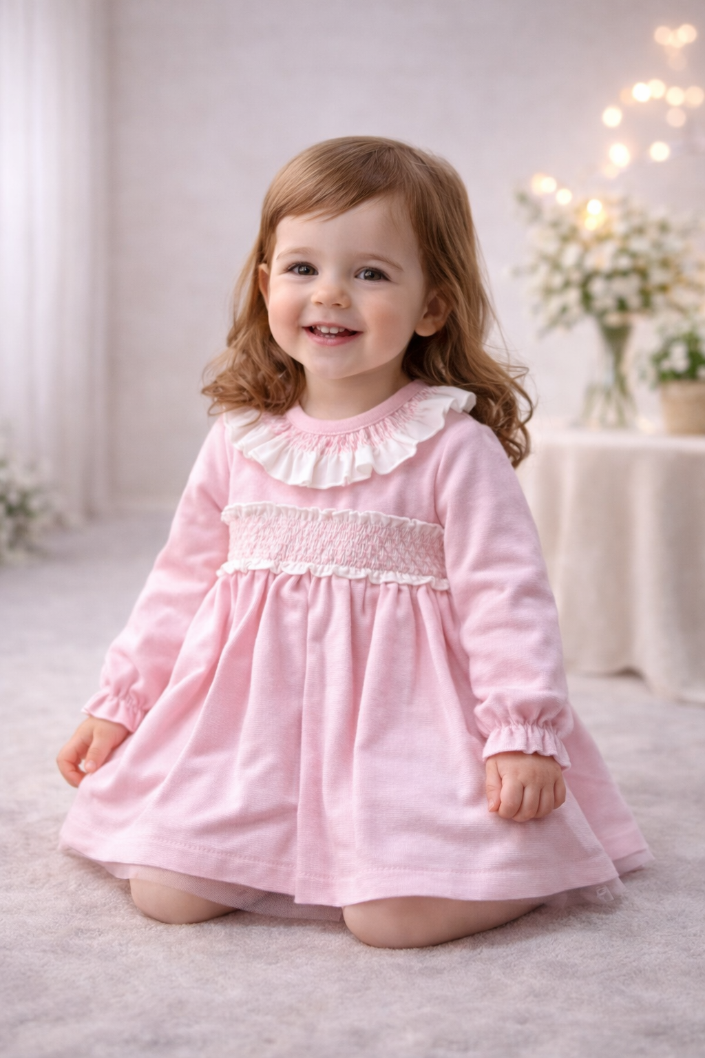 Smocked cotton puff ball dress and pant set