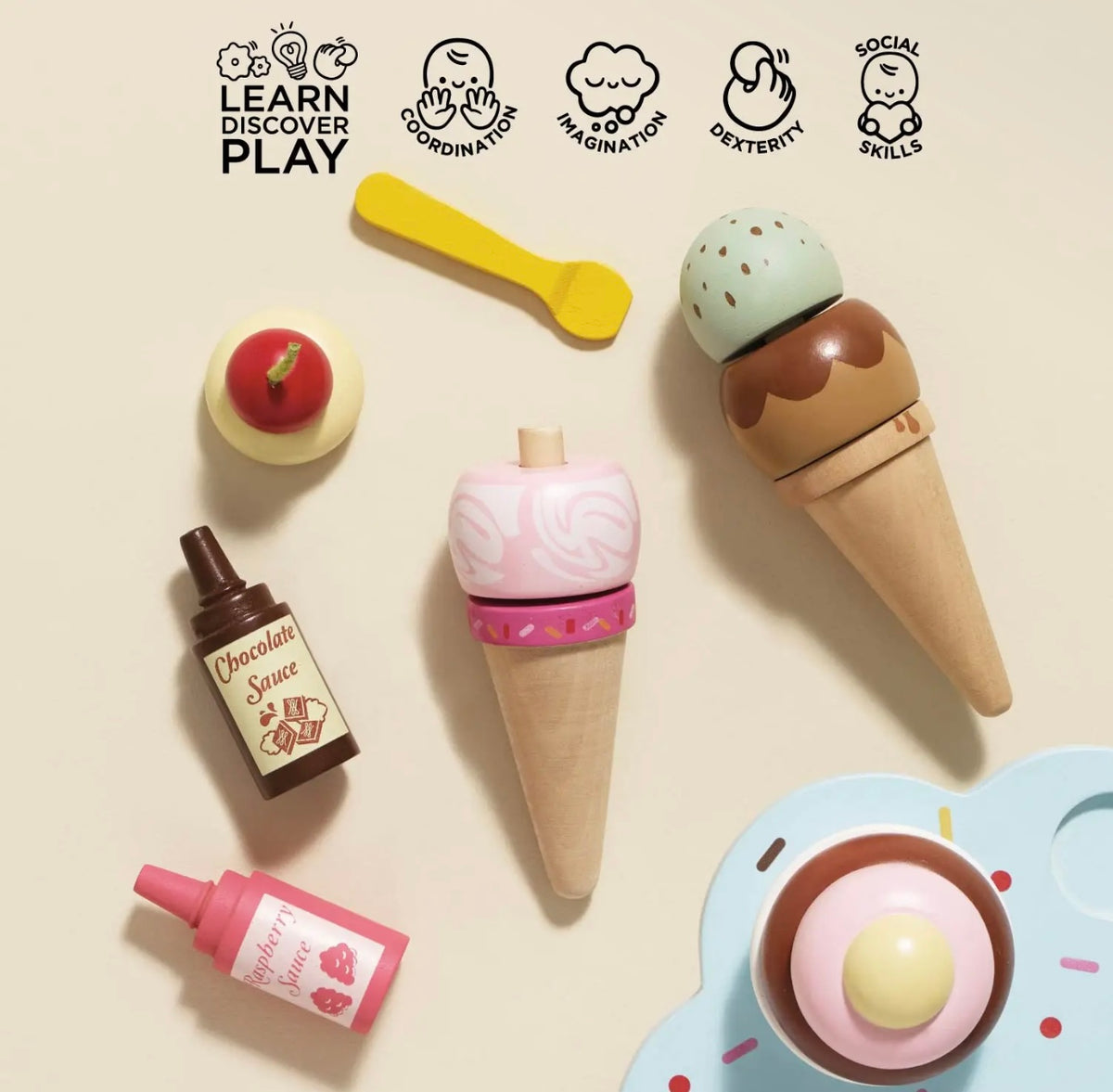 Wooden ice cream stand & toppings