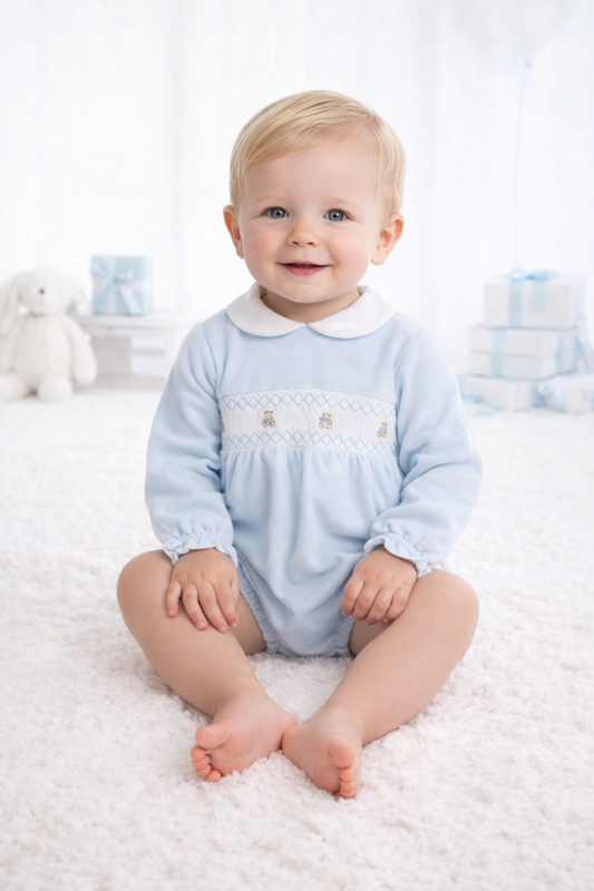 Smocked teddy romper blue - pex