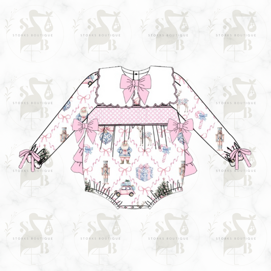 Cute Ruffle bum smocked romper - Pink ribbons of Christmas