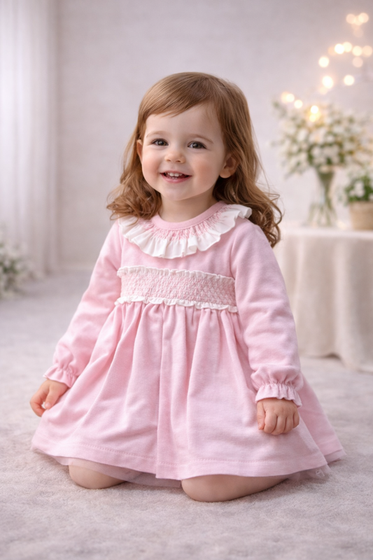 Smocked cotton puff ball dress and pant set
