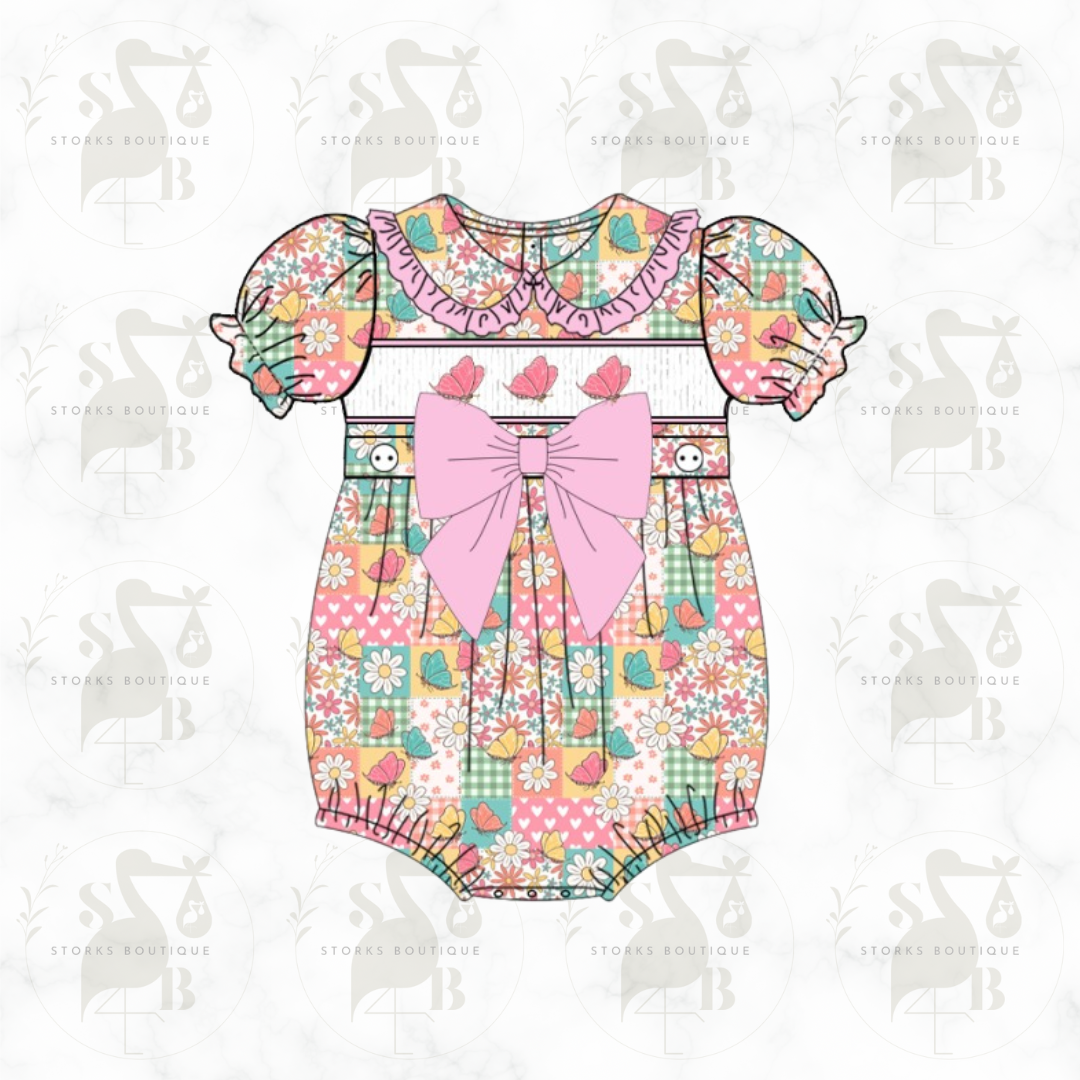 Patched Butterfly Smocked Romper