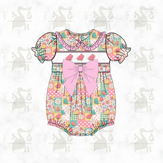 Patched Butterfly Smocked Romper